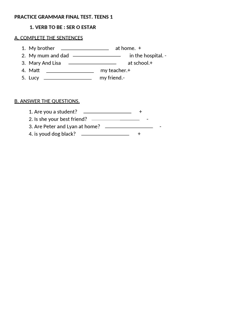 Grammar Test for Teens: Verb To Be | PDF