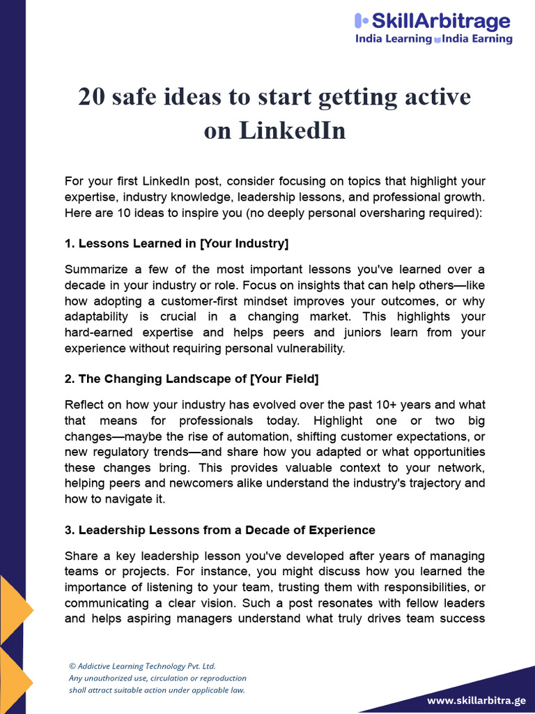 20 Safe Ideas To Start Getting Active On LinkedIn | PDF | Mentorship ...