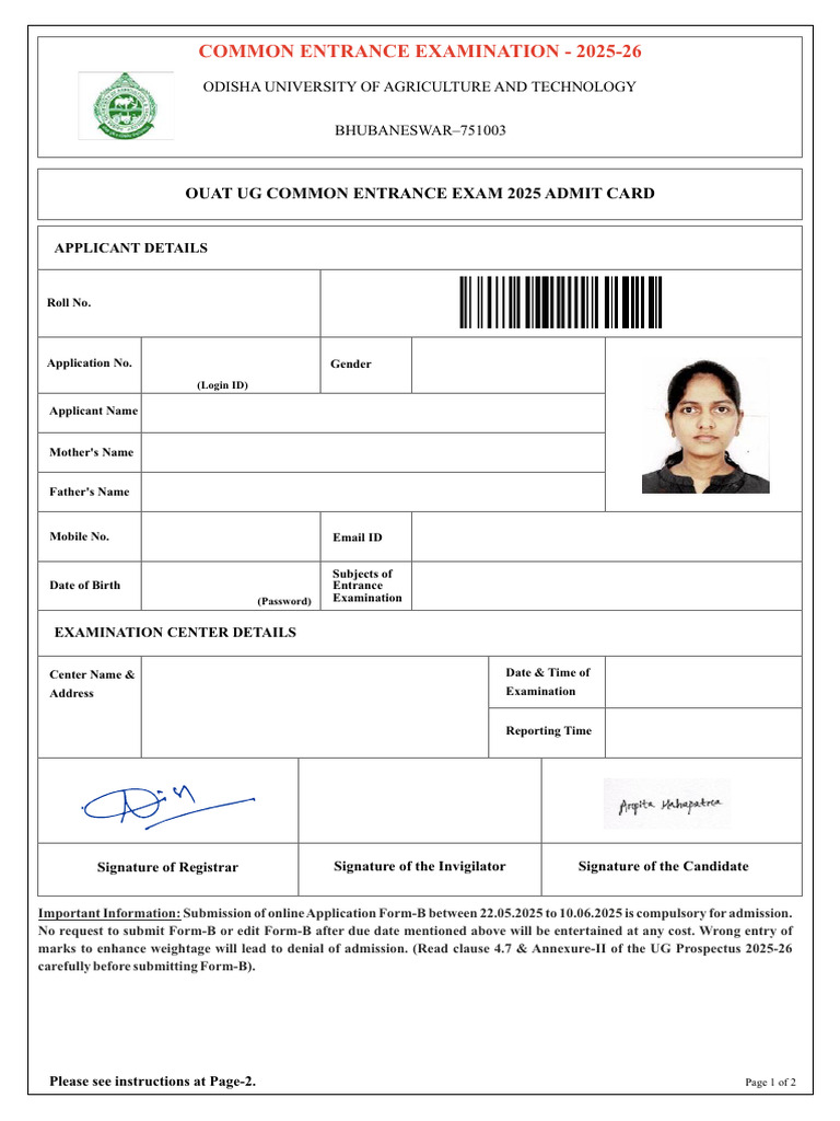 OUAT 2025 Entrance Exam Admit Card | PDF | Authentication | Access Control