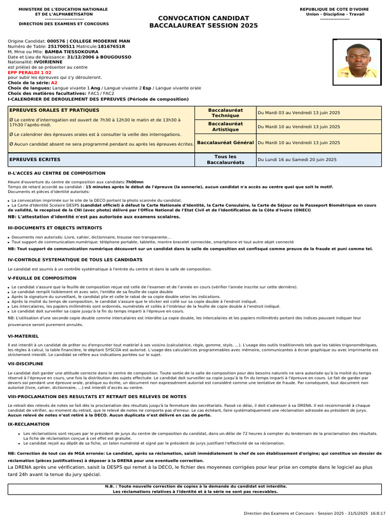 Convocation Baccalauréat 2025 Côte d'Ivoire | PDF