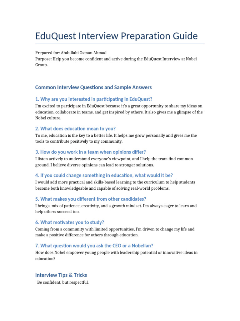 EduQuest Interview Preparation Abdullahi | PDF | Learning | Cognition