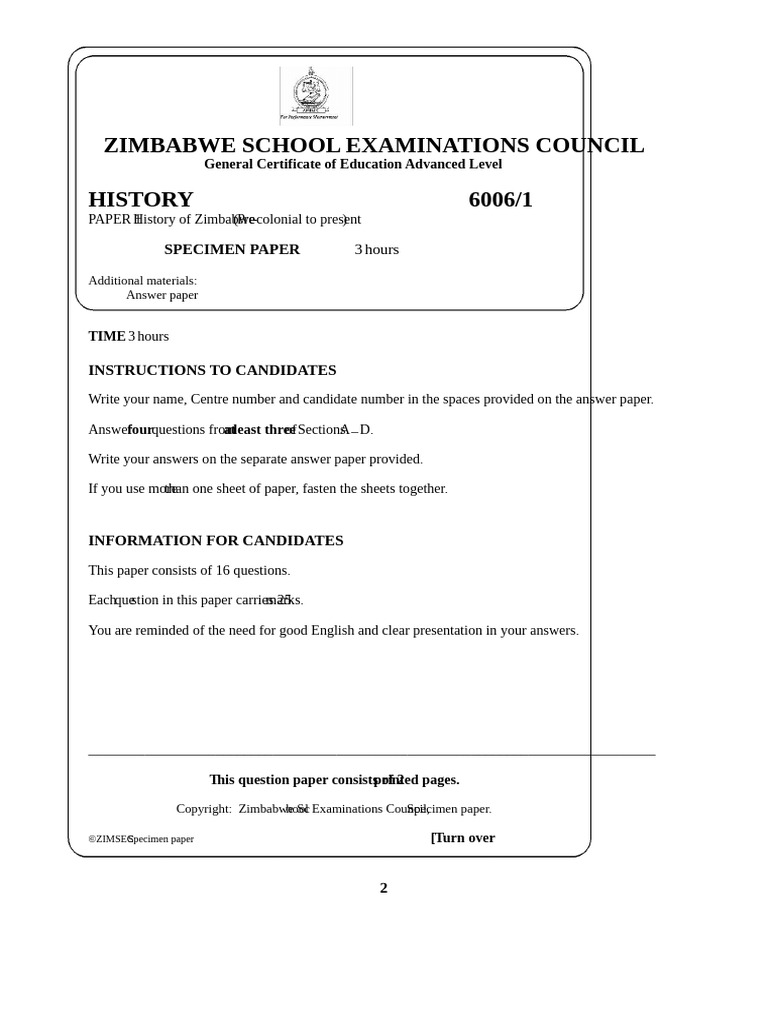 ZIMSEC O Level History Specimen Paper | PDF | Zimbabwe