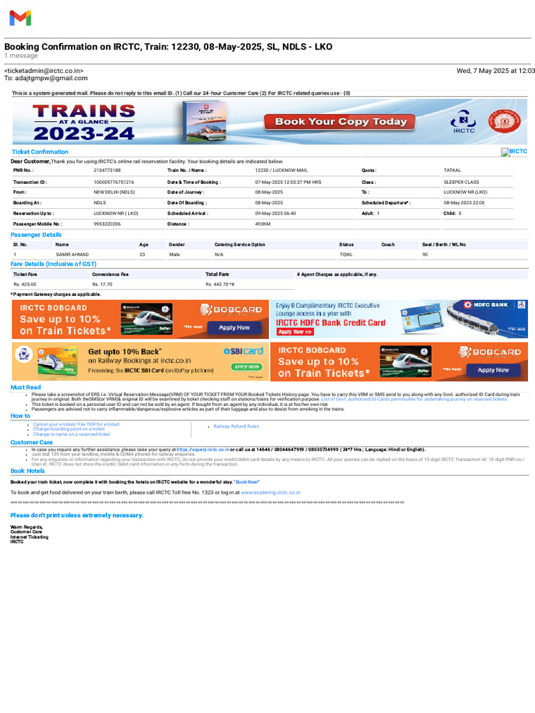 Gmail - Booking Confirmation On IRCTC, Train - 12230, 08-May-2025, SL ...