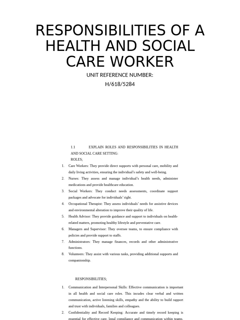 Presentation On Responsibilities of A Health and Social Care Worker ...