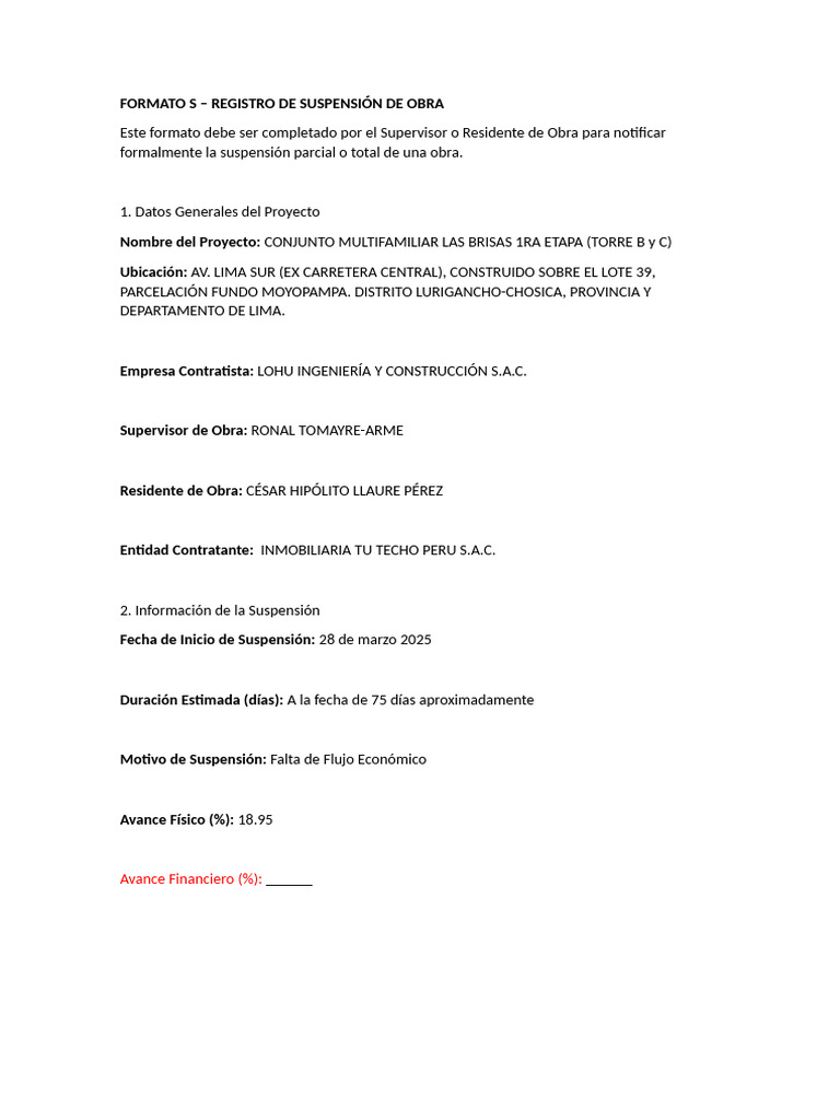 Registro de Suspensión de Obra S | PDF