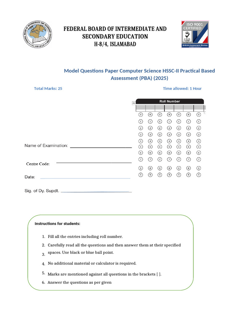 HSSC-II Computer Science Model Paper | PDF | Area | Mathematics