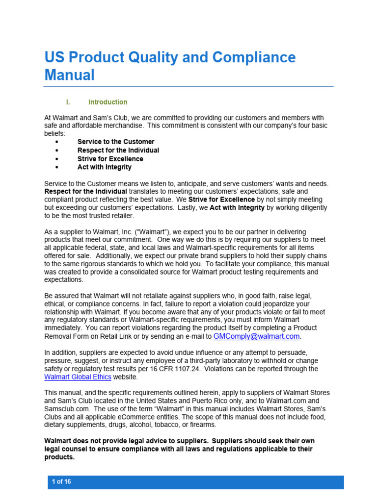 Walmart Product Quality Compliance Manual | PDF | Walmart | Supply Chain