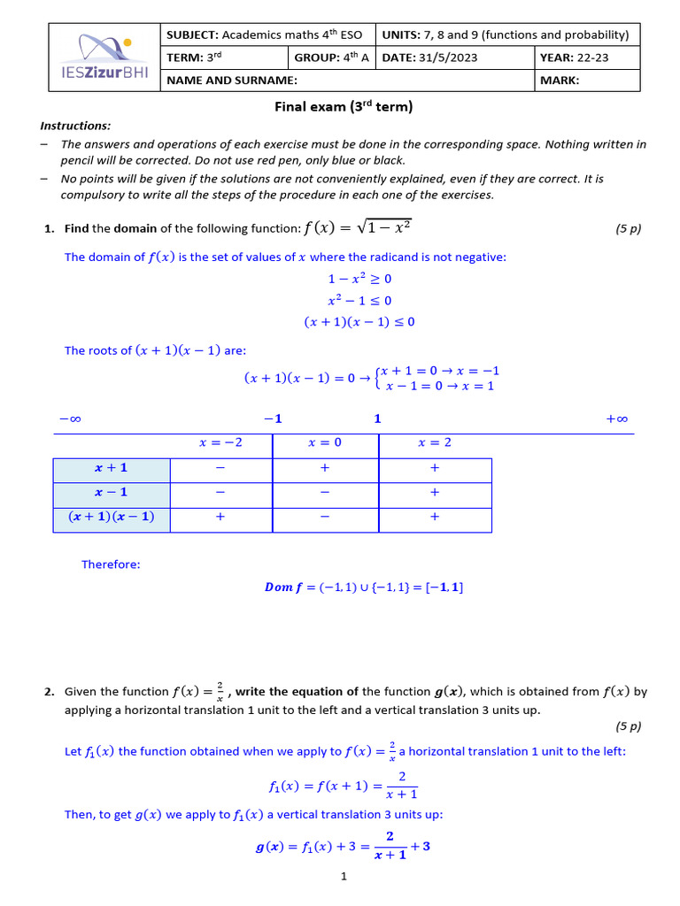 E4A3-2 - Final Exam (3rd Term) - Solutions | PDF | Asymptote | Function ...