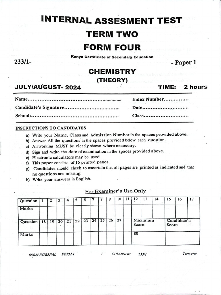 Chem F4-Internal Assessment Pretrial-II 2024 | PDF