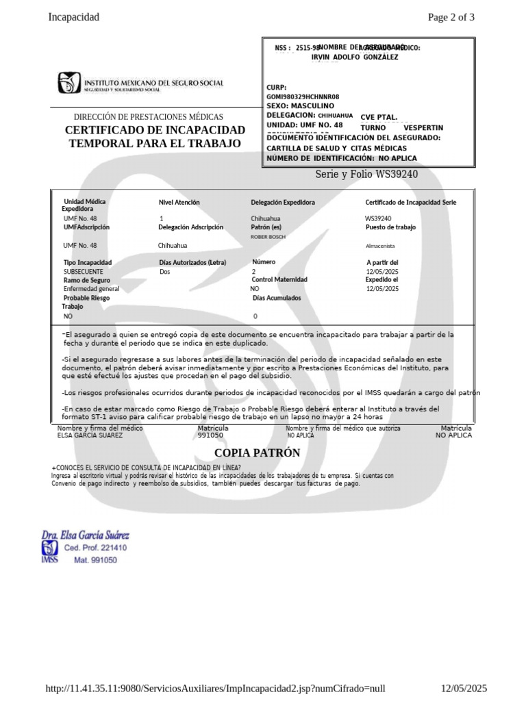 Certificado de Incapacidad Temporal | PDF