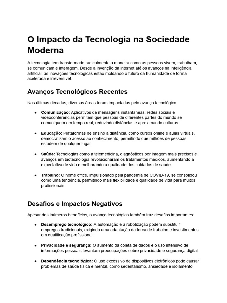 Impacto da Tecnologia na Sociedade Moderna | PDF | Internet das Coisas ...