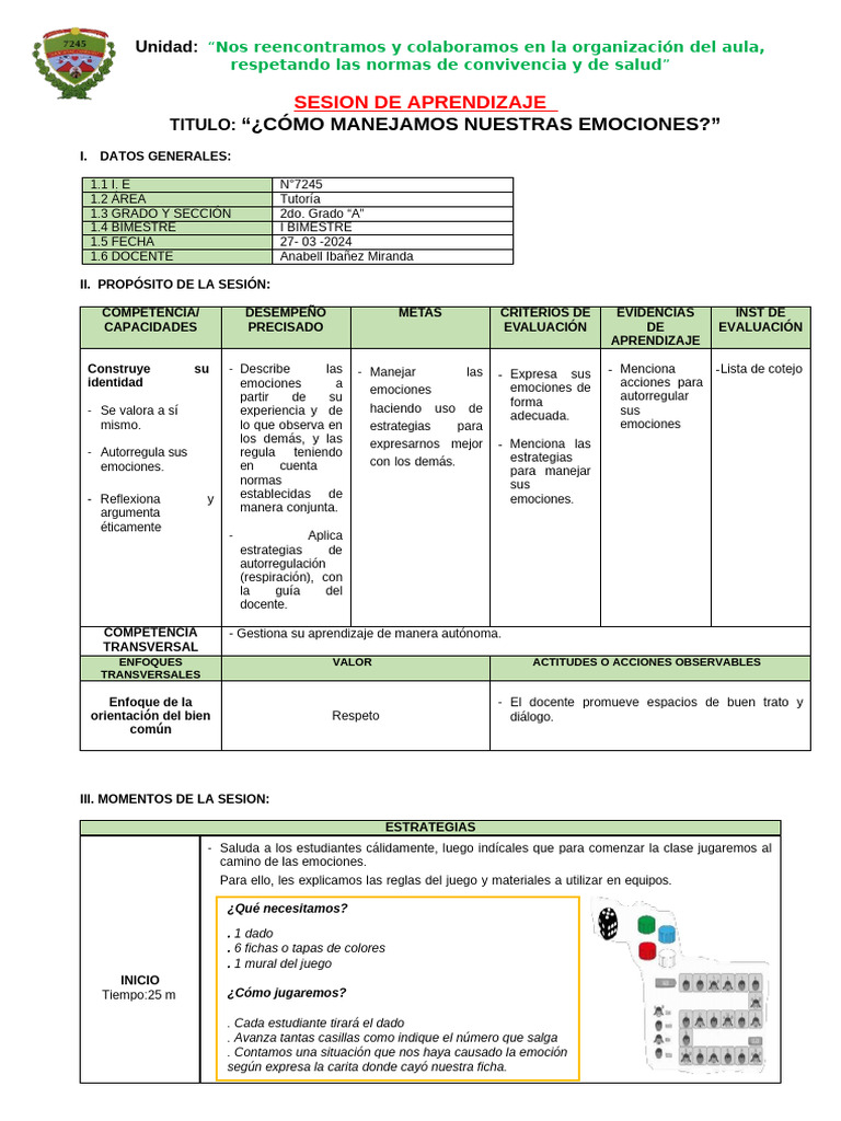 Juego de emociones en aula 2° "A" | PDF | Las emociones | Evaluación