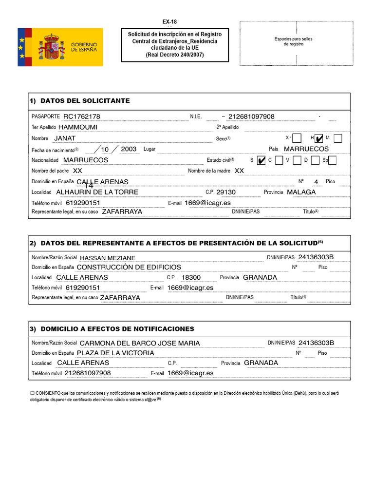 Solicitud de Residencia Ex-18 UE | PDF