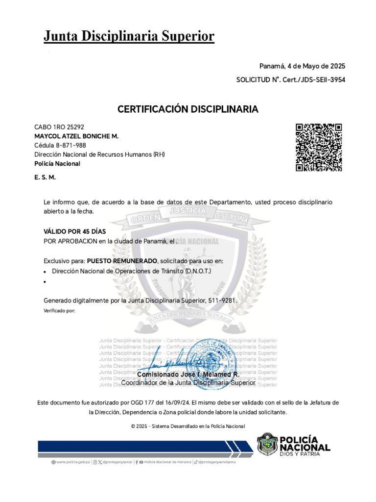 Certificación Disciplinaria Policía Panamá | PDF
