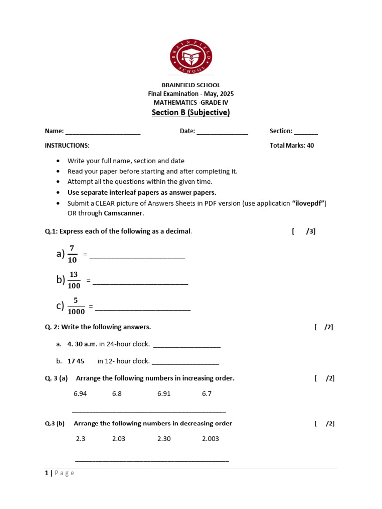 Final Term Exam., 2025 - Grade 4 - Mathematics (Subjective) | PDF ...