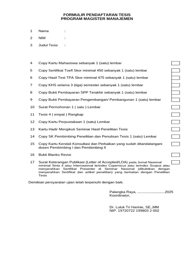 Formulir Ujian Tesis Magister Manajemen | PDF