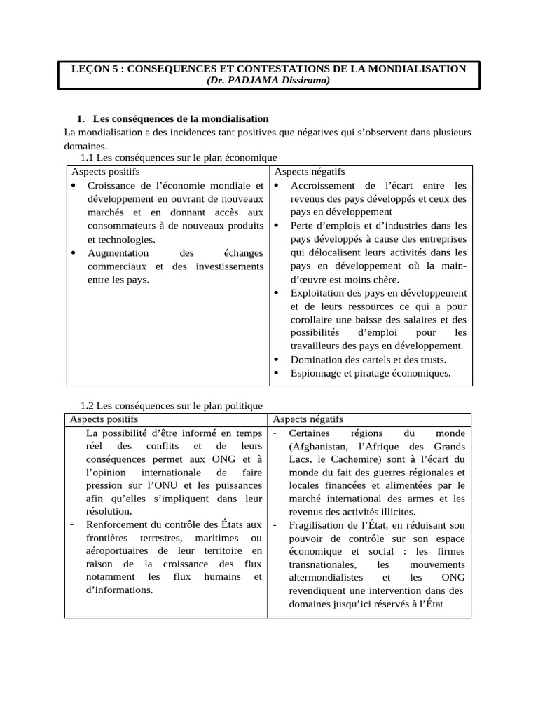 Conséquences de la Mondialisation | PDF | Globalisation | Environnement ...