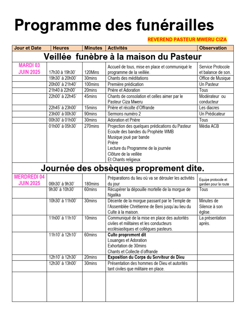 Programme des Funérailles de Pasteur Ciza | PDF | Funérailles | Mort ...