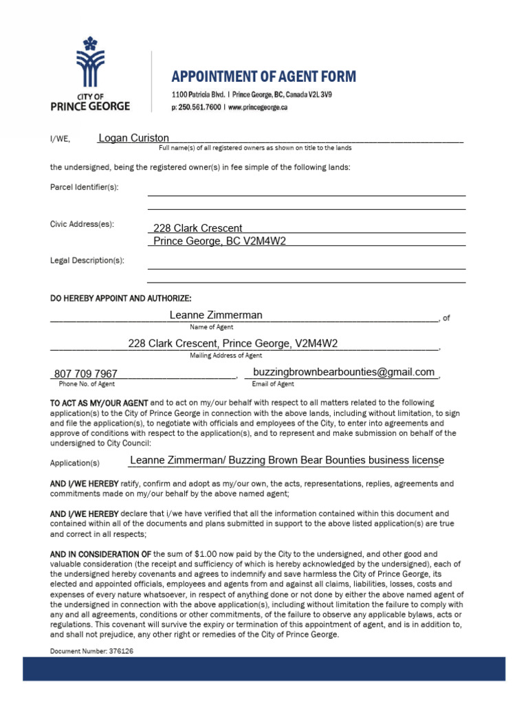 Appointment of Agent Form for Prince George | PDF | Indemnity | Civil ...