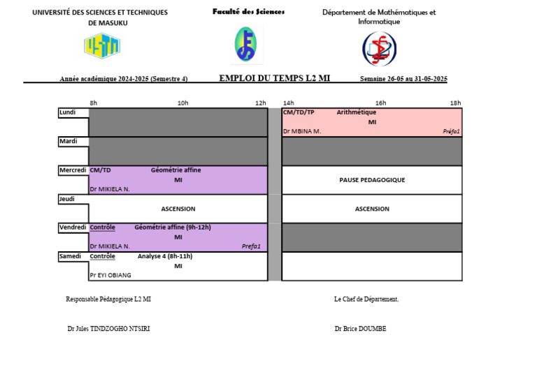 Emploi du temps L2 MI 24-25 (S4) semaine du 26 au 31-05-2025 | PDF