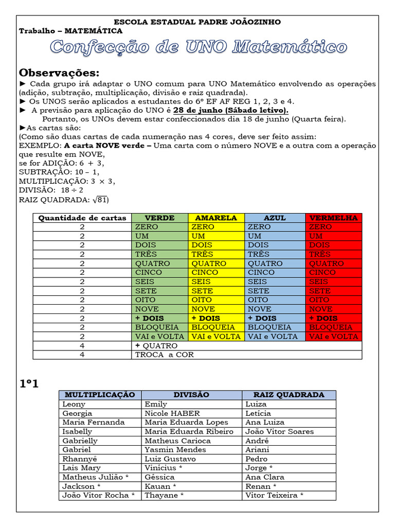 UNO Matemático: Atividade Escolar de Matemática | PDF | Álgebra ...