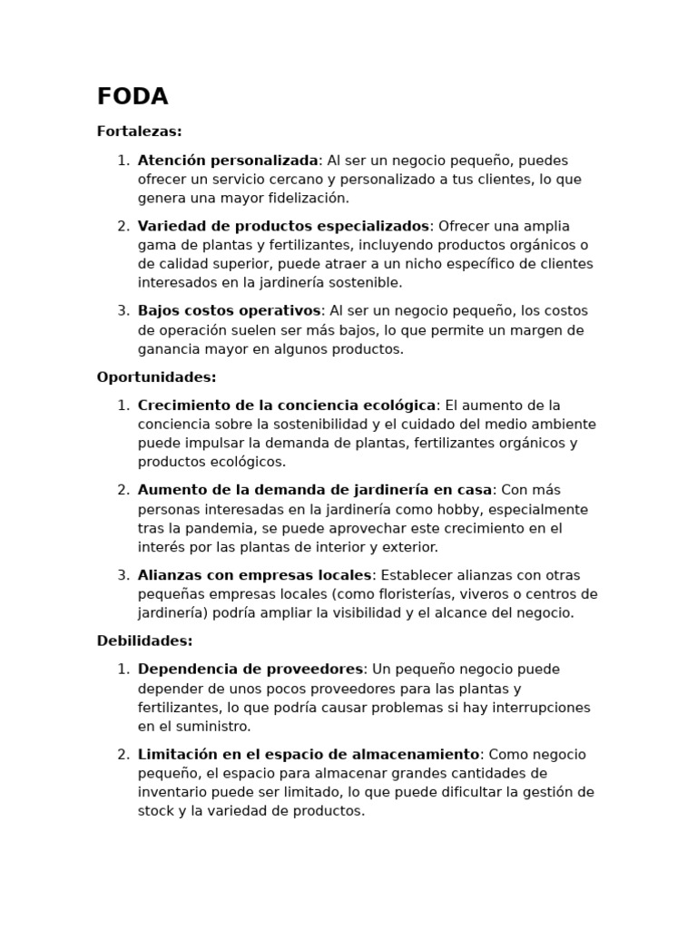 Análisis FODA para Negocio de Jardinería | PDF | Análisis FODA ...