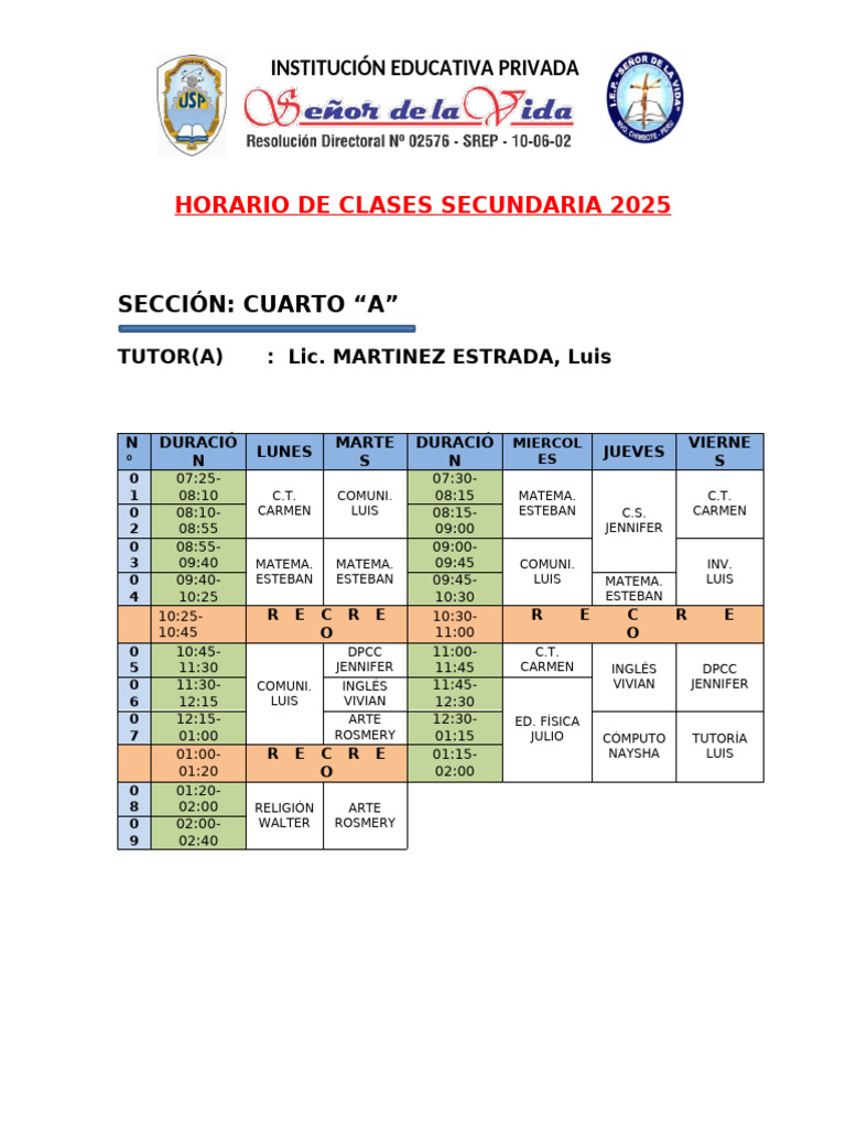 Horario Clases Secundaria 2025 Cuarto A | PDF