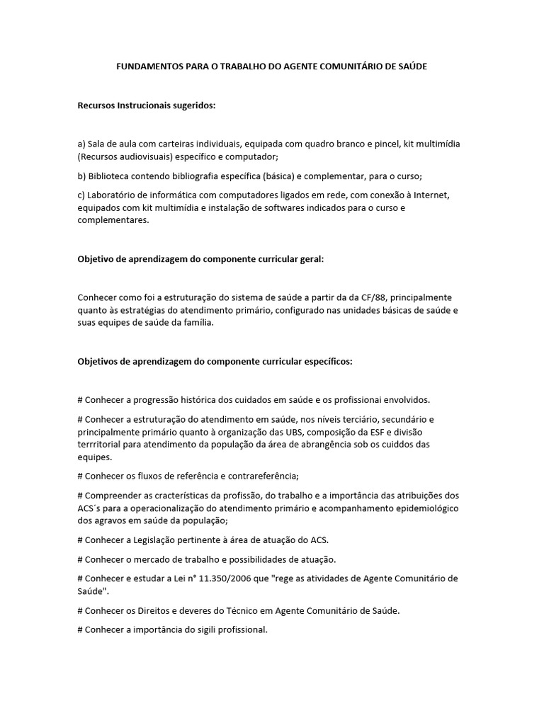 Fundamentos do Trabalho do Agente de Saúde | PDF | Brasil