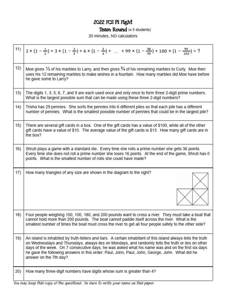 2022 FCS Pi Fight Math Problems | PDF