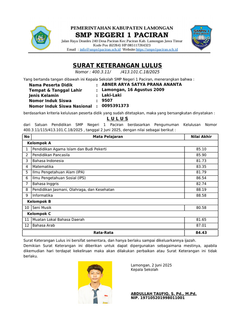 Surat Keterangan Lulus SMP 2025 | PDF