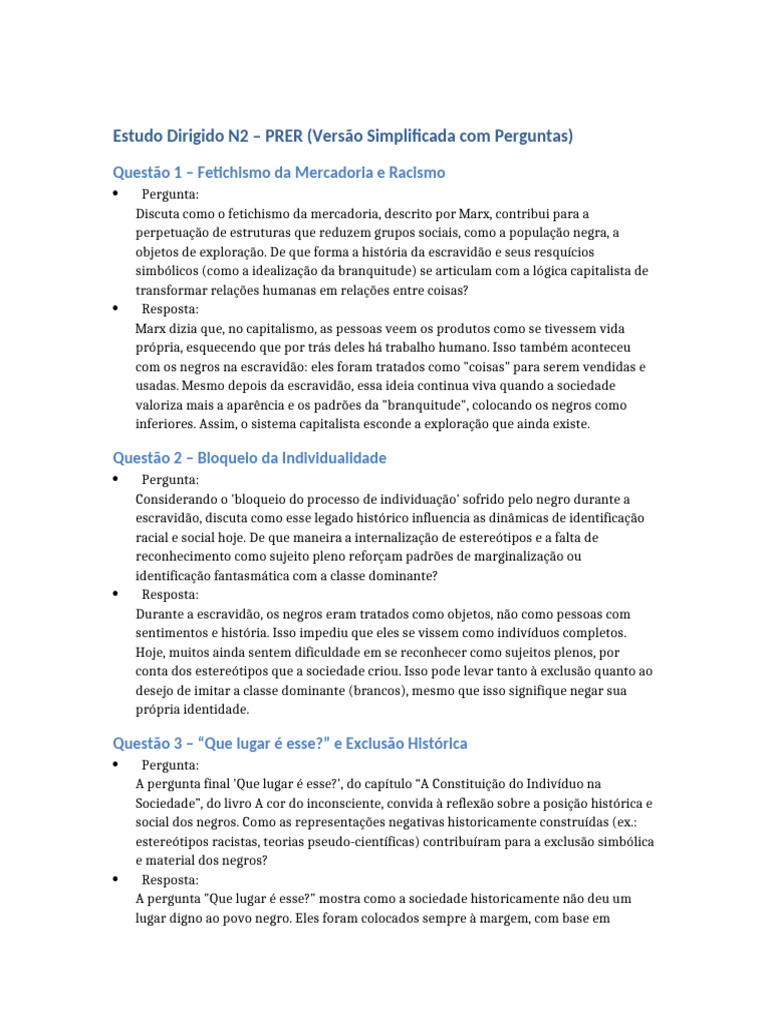 Estudo Dirigido PRER Simplificado Com Perguntas | PDF | Racismo ...