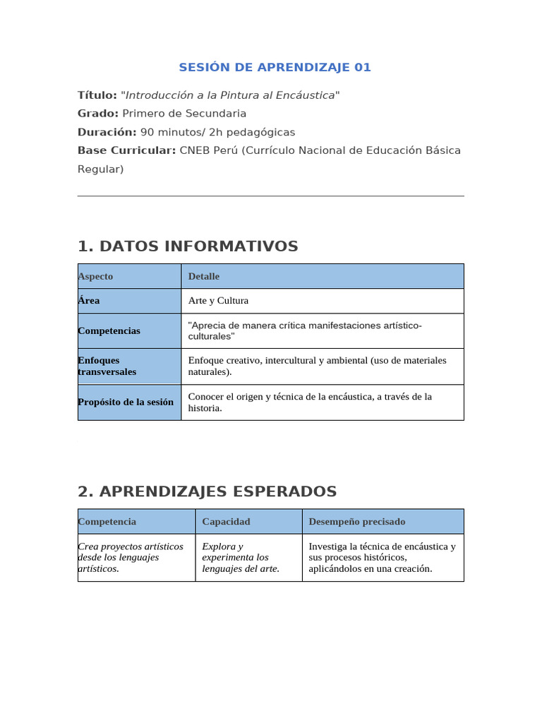 Sesión de Aprendizaje 01 - Arte y Cultura - 2do - U3 | PDF