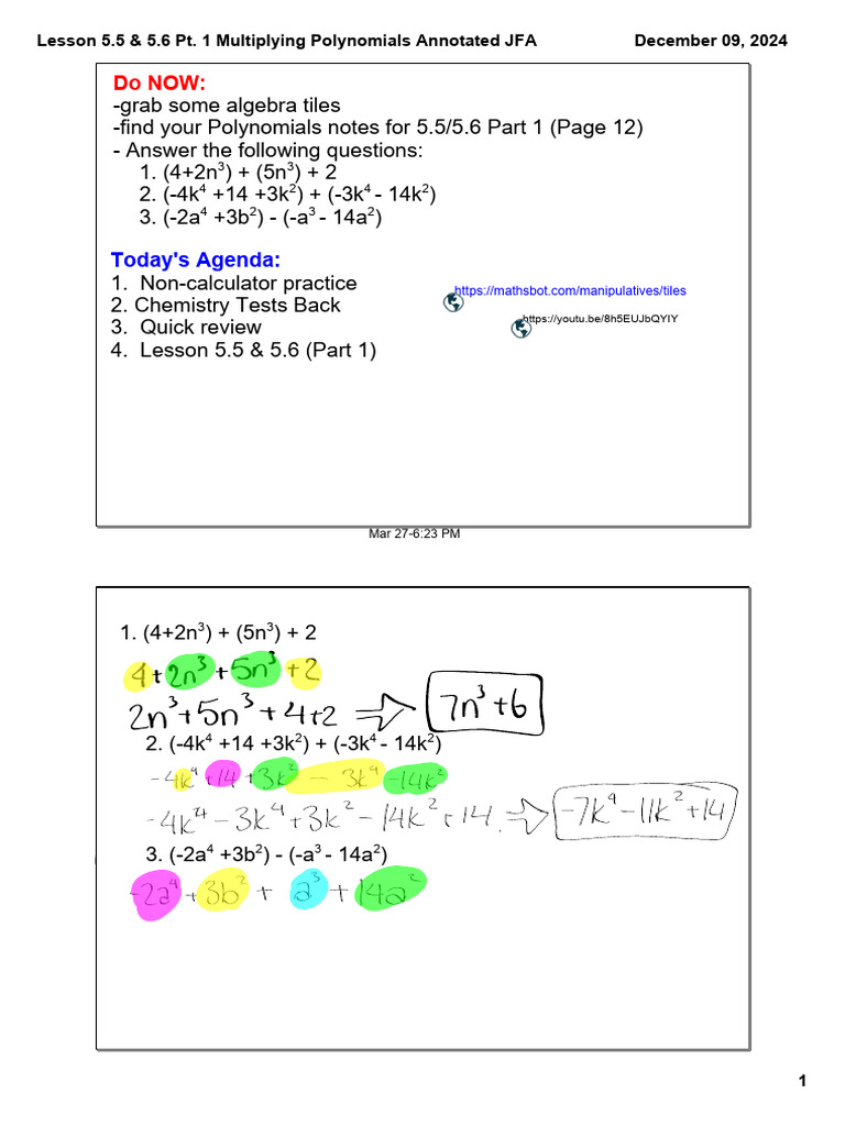 Lesson 5.5 & 5.6 Pt. 1 Multiplying Polynomials Annotated JFA | PDF ...