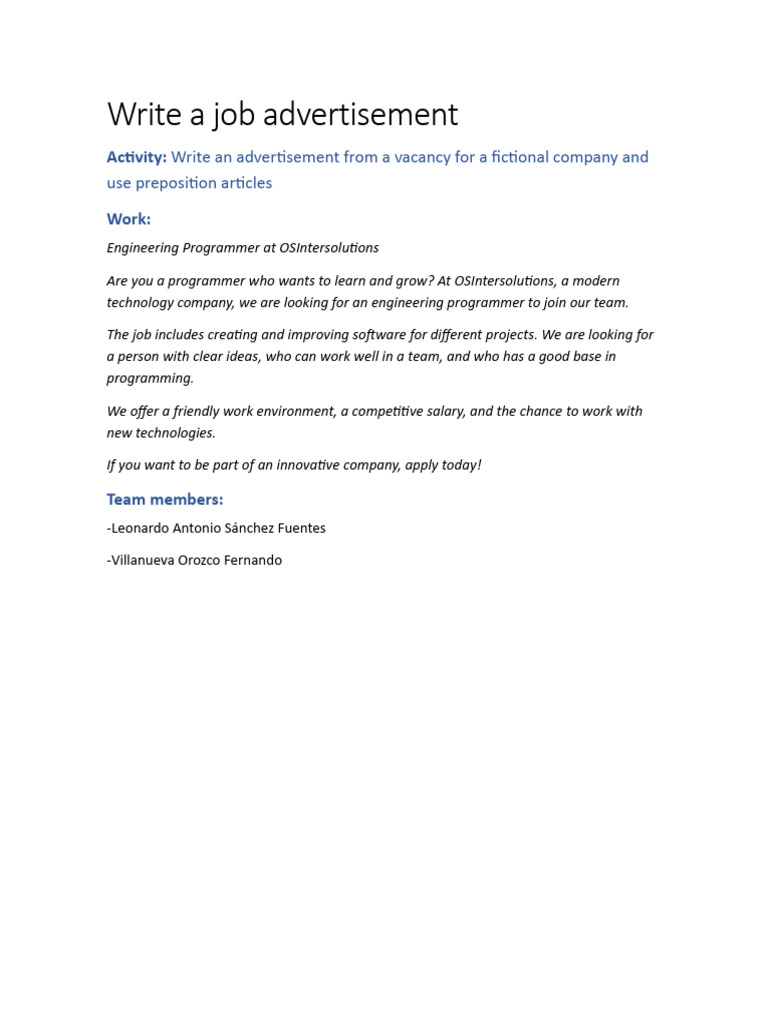 Write A Job Advertisement | PDF