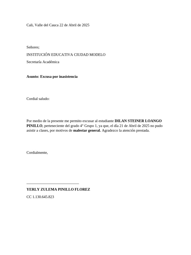 Excusa de Inasistencia Escolar | PDF