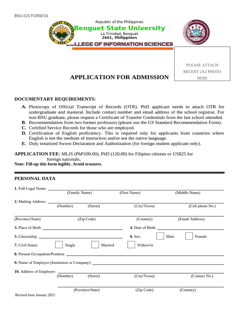 BSU Graduate Admission Application Form | PDF | Thesis