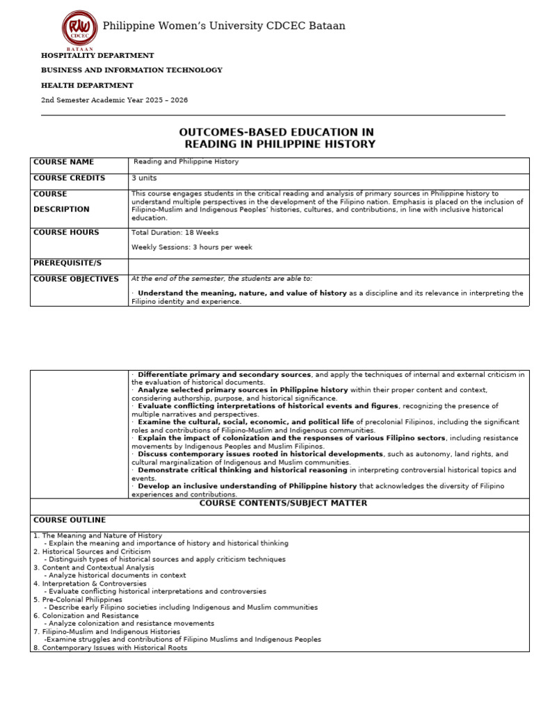 Inclusive Philippine History Course Outline | PDF | Philippines ...
