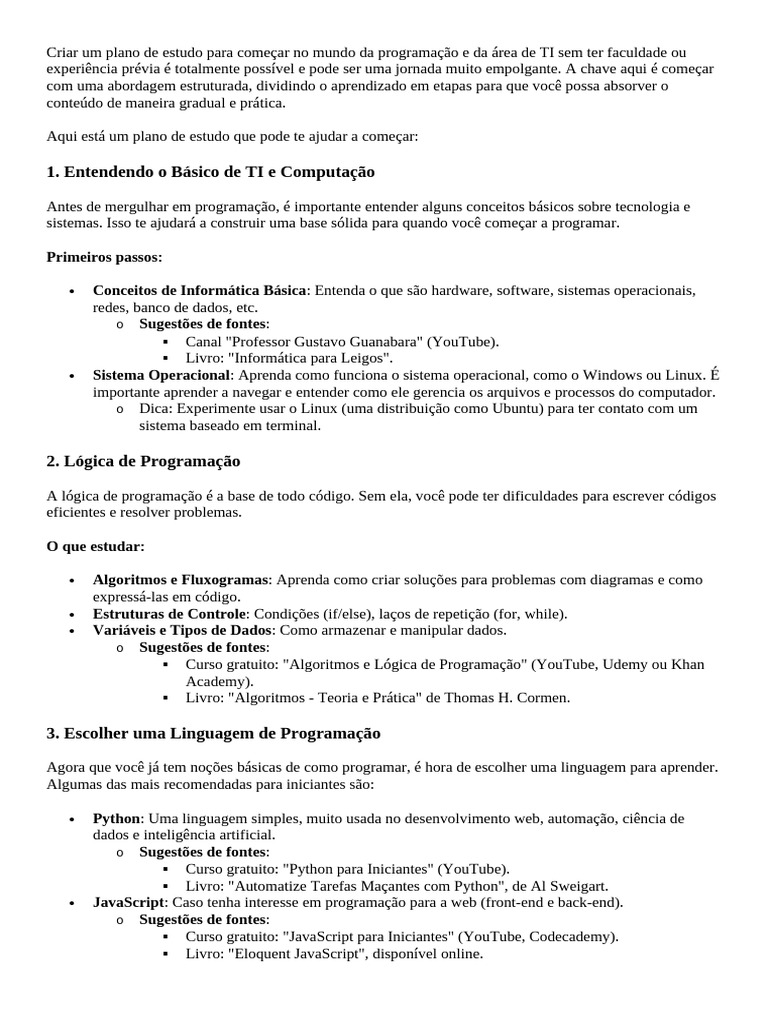 Plano de Estudo para Iniciantes em TI | PDF | Script Java | Rede ...