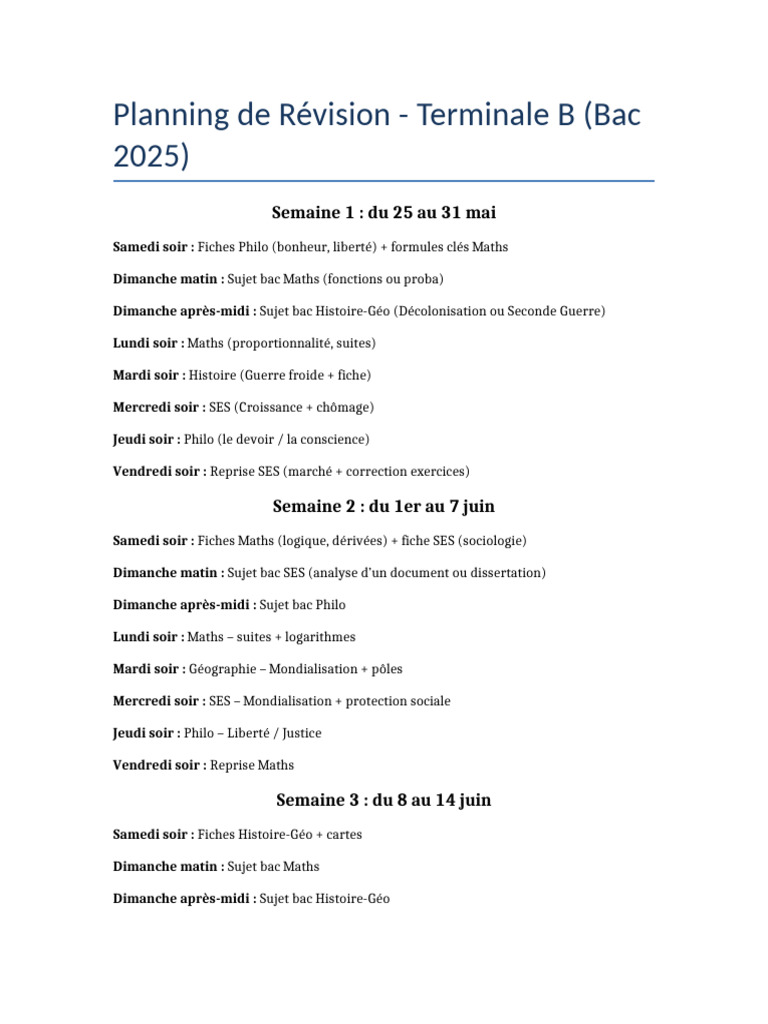 Planning Révision Bac 2025 Terminale B | PDF