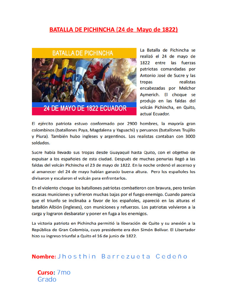 Batalla de Pichincha 24 de Mayo 1822 | PDF