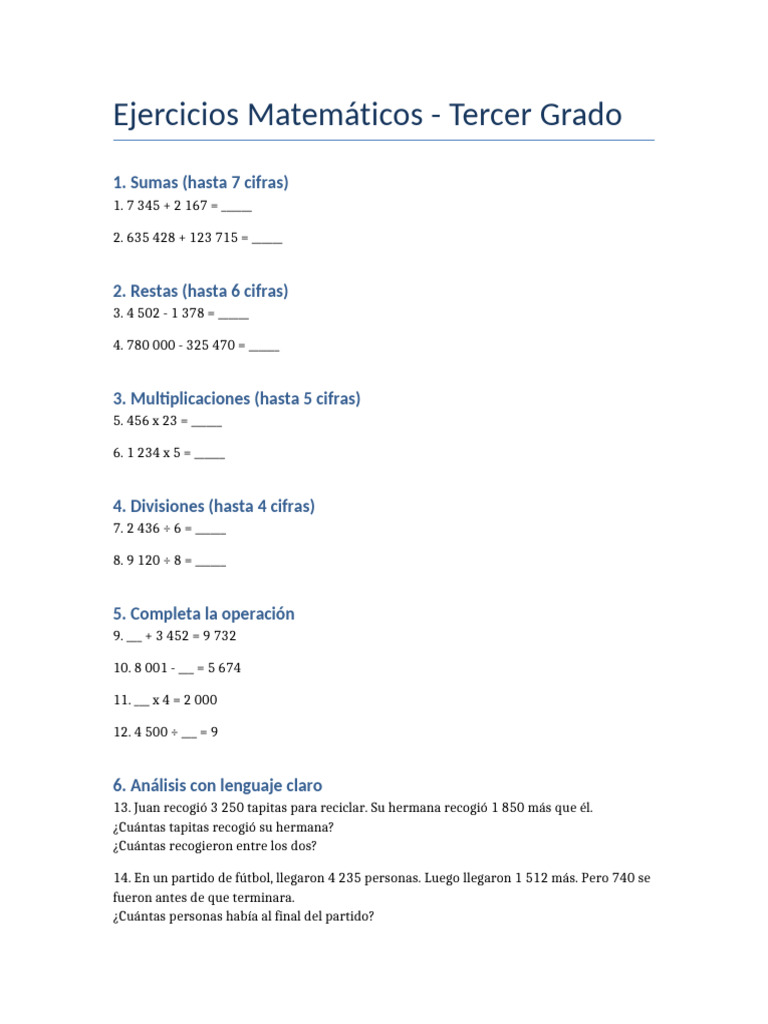 Ejercicios Matemáticos para Tercer Grado | PDF