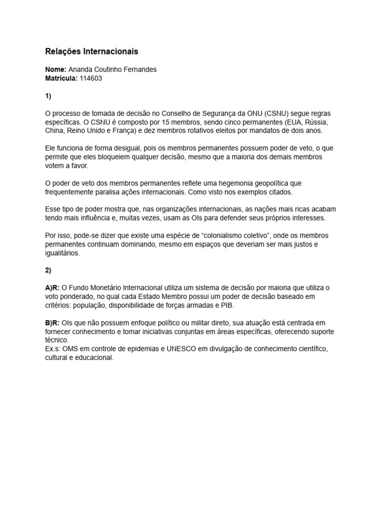 Tomada de Decisão no CSNU e OIs | PDF | Conselho de Segurança das ...