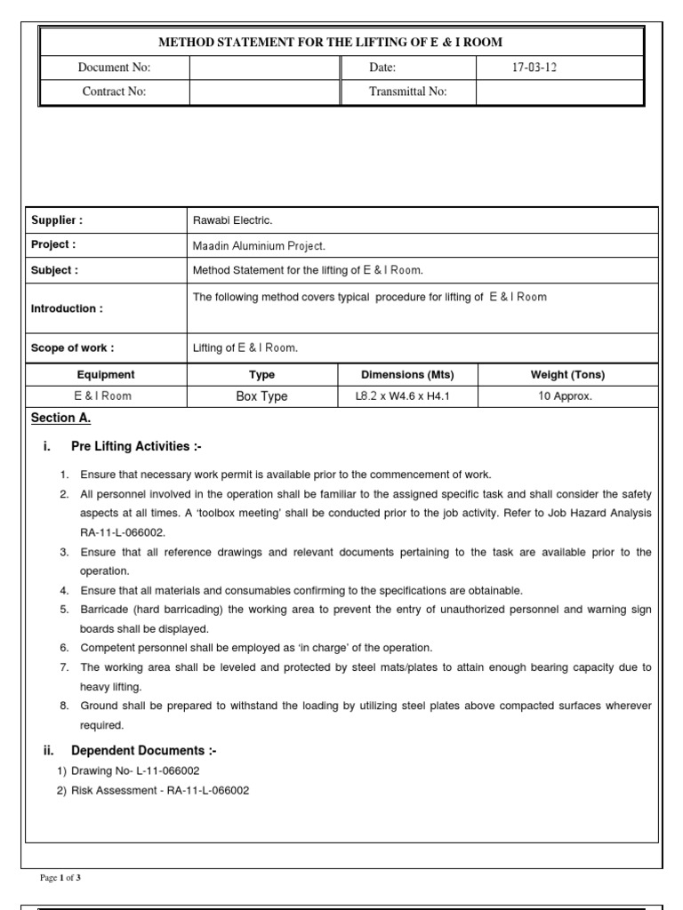 Method Statement for E&I Room Lifting | PDF | Crane (Machine) | Business