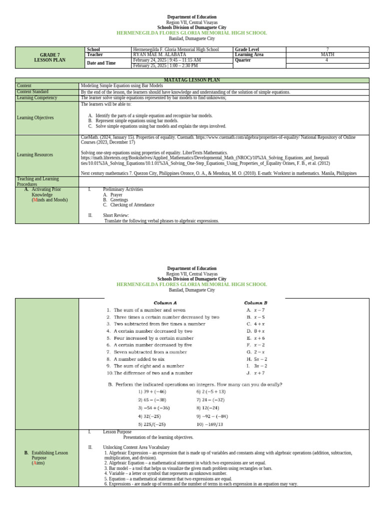 Grade 7 Math Lesson Plan: Bar Models | PDF | Mathematics | Equations