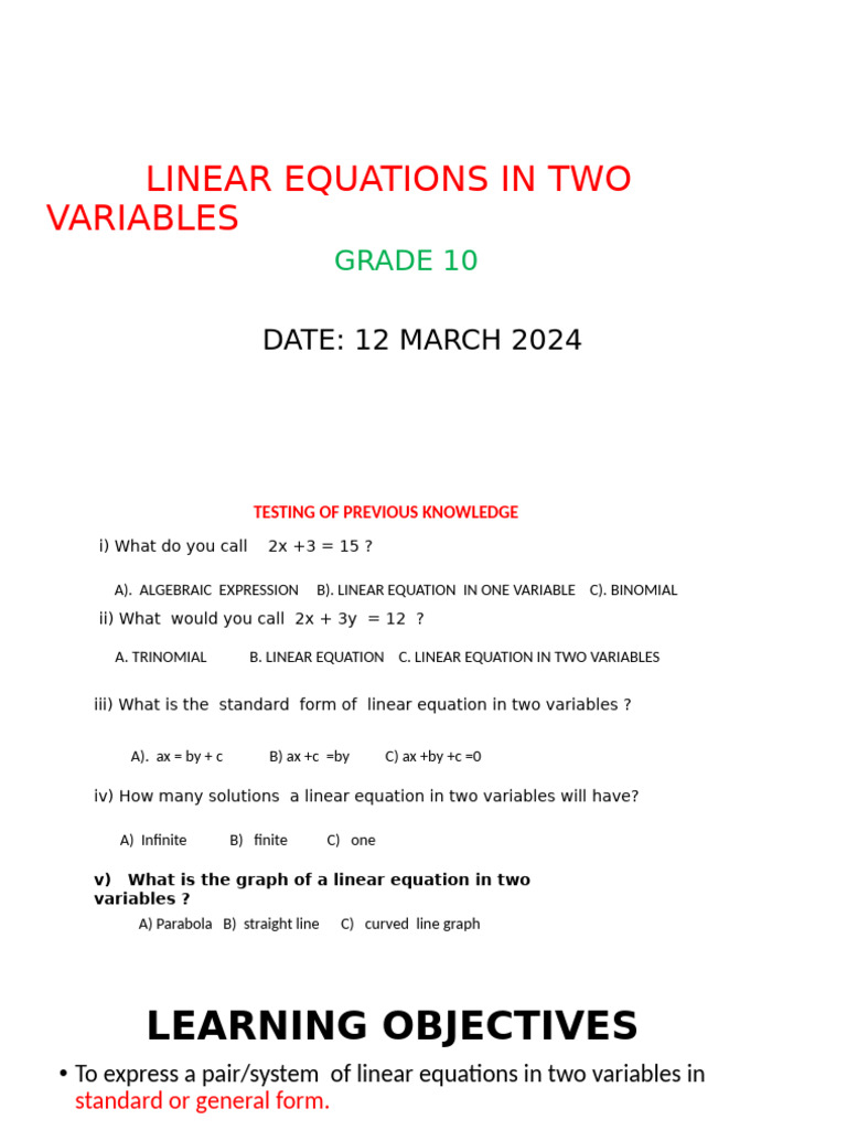 Linear Equations in Two Variables Guide | PDF
