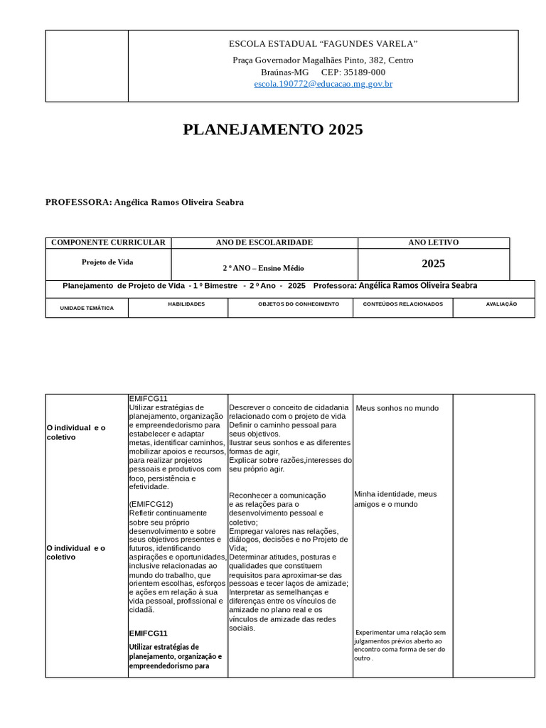 Planejamento de Projeto de Vida 2025 | PDF | Aprendizado | Planejamento