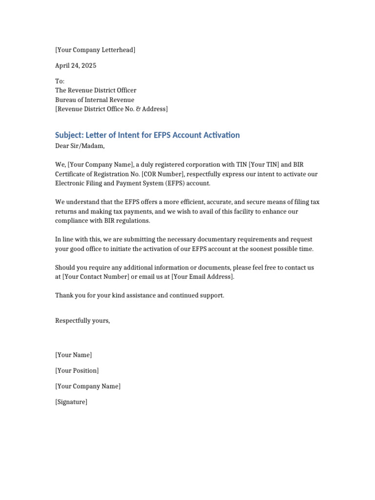 EFPS Account Activation Intent Letter | PDF