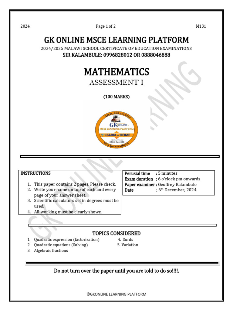 Maths Test 1 GK Online | PDF | Factorization | Quadratic Equation