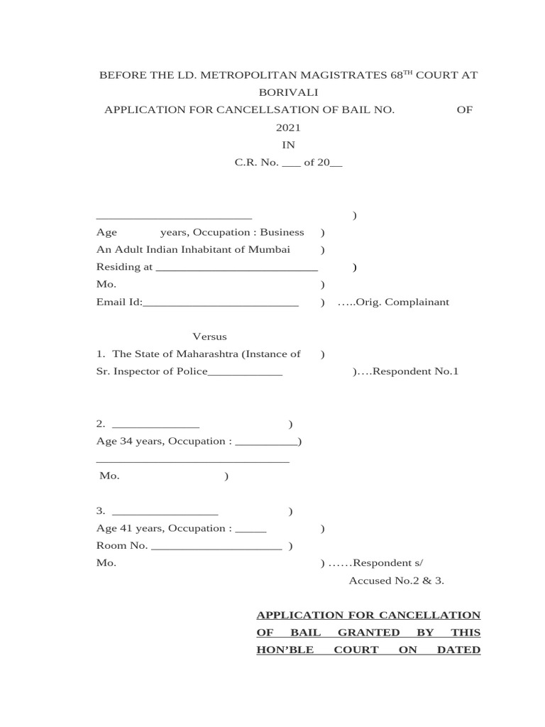 Application for Bail Cancellation in Mumbai | PDF | Bail | Arrest
