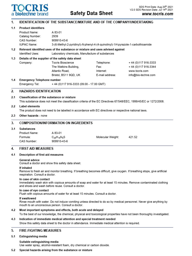 A 83-01 Safety Data Sheet (SDS) | PDF | Toxicity | Personal Protective ...